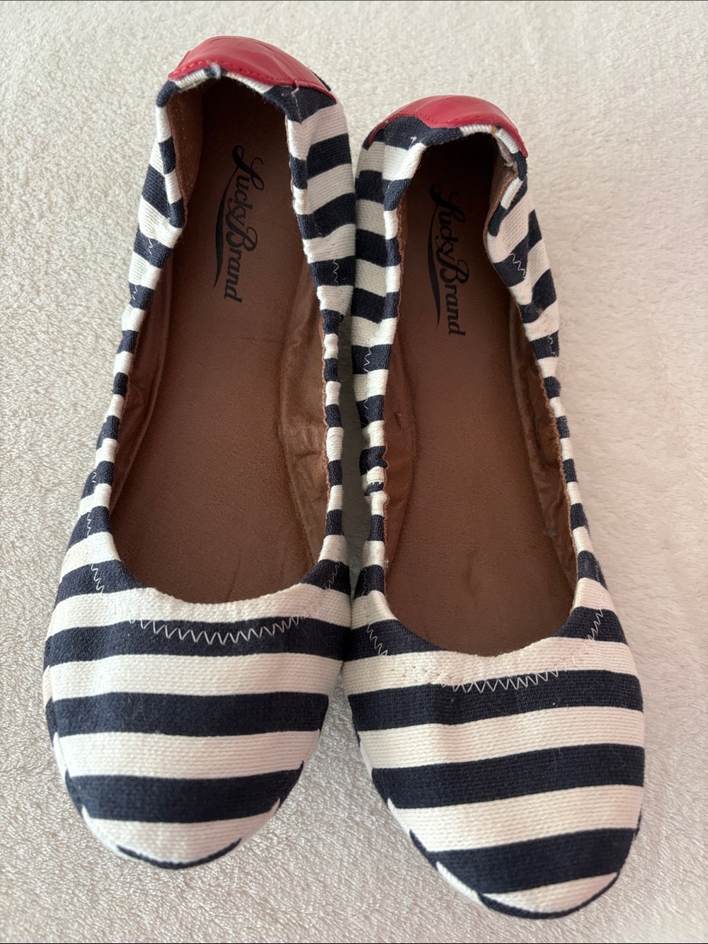 Lucky Brand Navy & White Striped Ballet Flats with Red Heel Accent